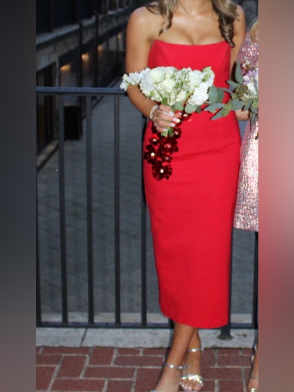 Elliatt Yasmine Strapless Red Midi Dress with Sequin Floral Appliqué